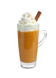 Photo of Cup of pumpkin spice latte with whipped cream and cinnamon stick isolated on white