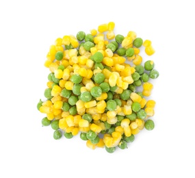 Frozen corn and peas on white background. Vegetable preservation