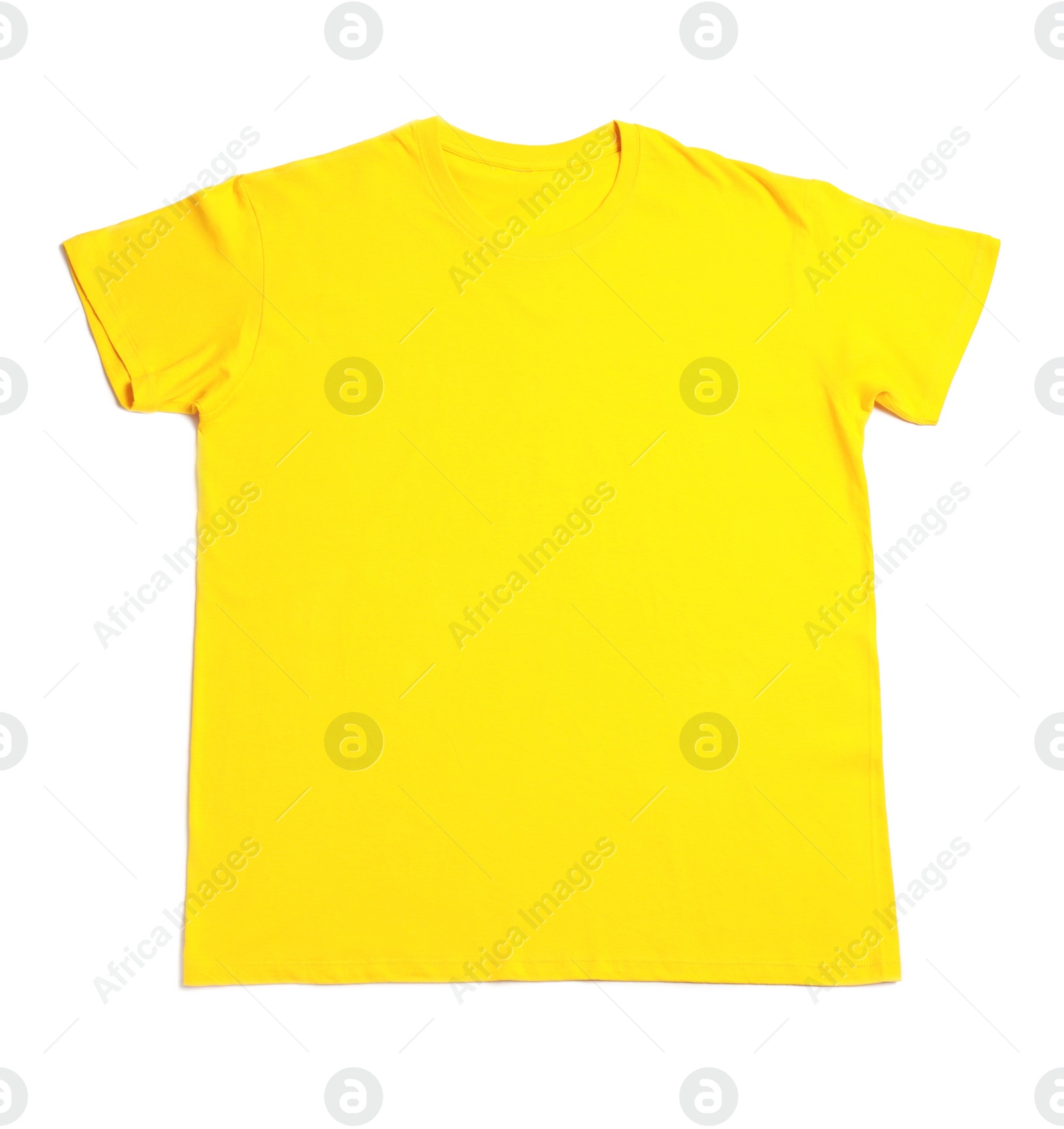 Photo of Yellow t-shirt isolated on white, top view. Mockup for design