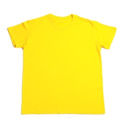Photo of Yellow t-shirt isolated on white, top view. Mockup for design