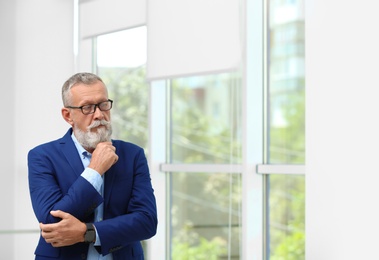 Portrait of handsome mature man in elegant suit with glasses indoors