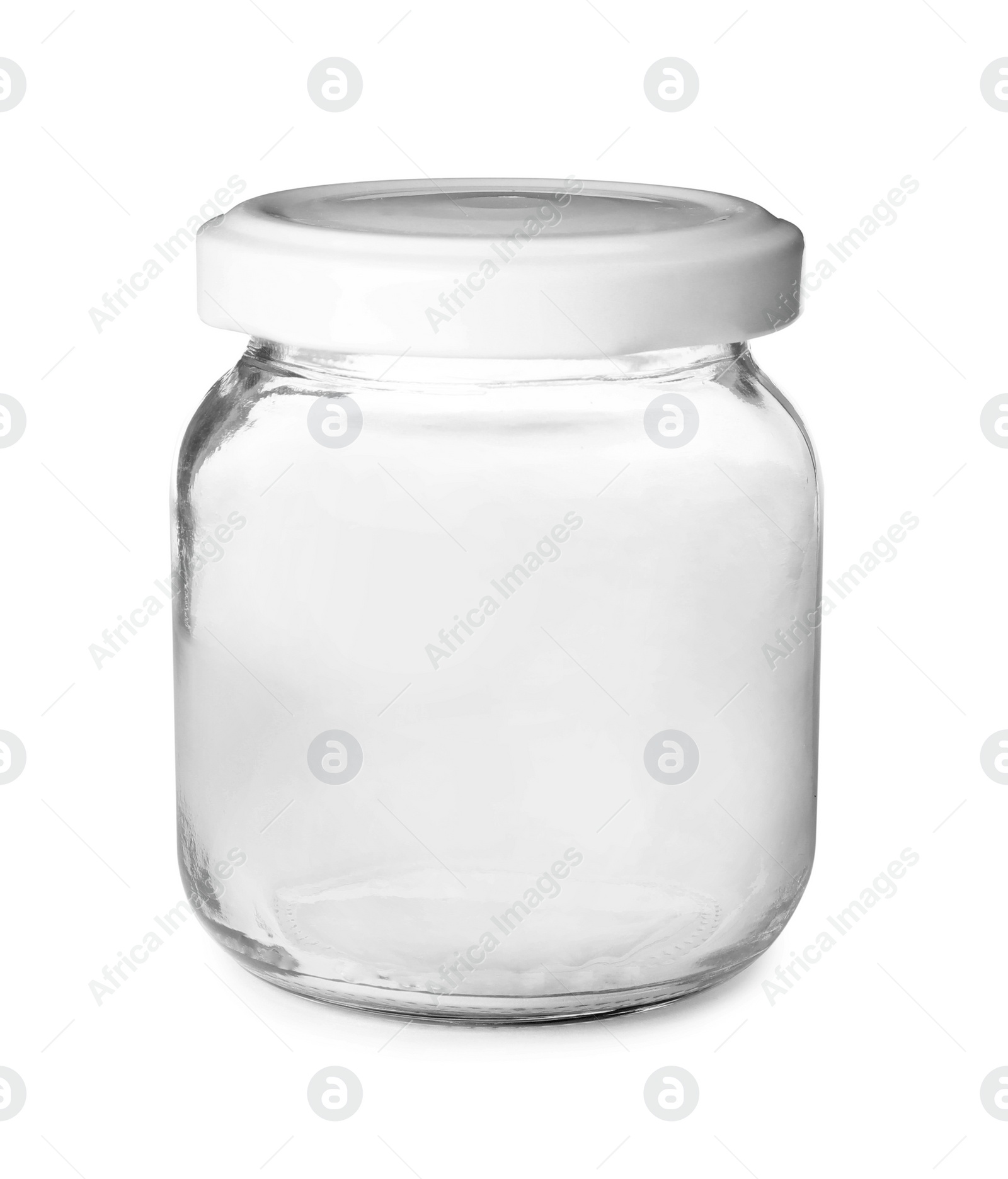 Photo of Closed empty glass jar isolated on white