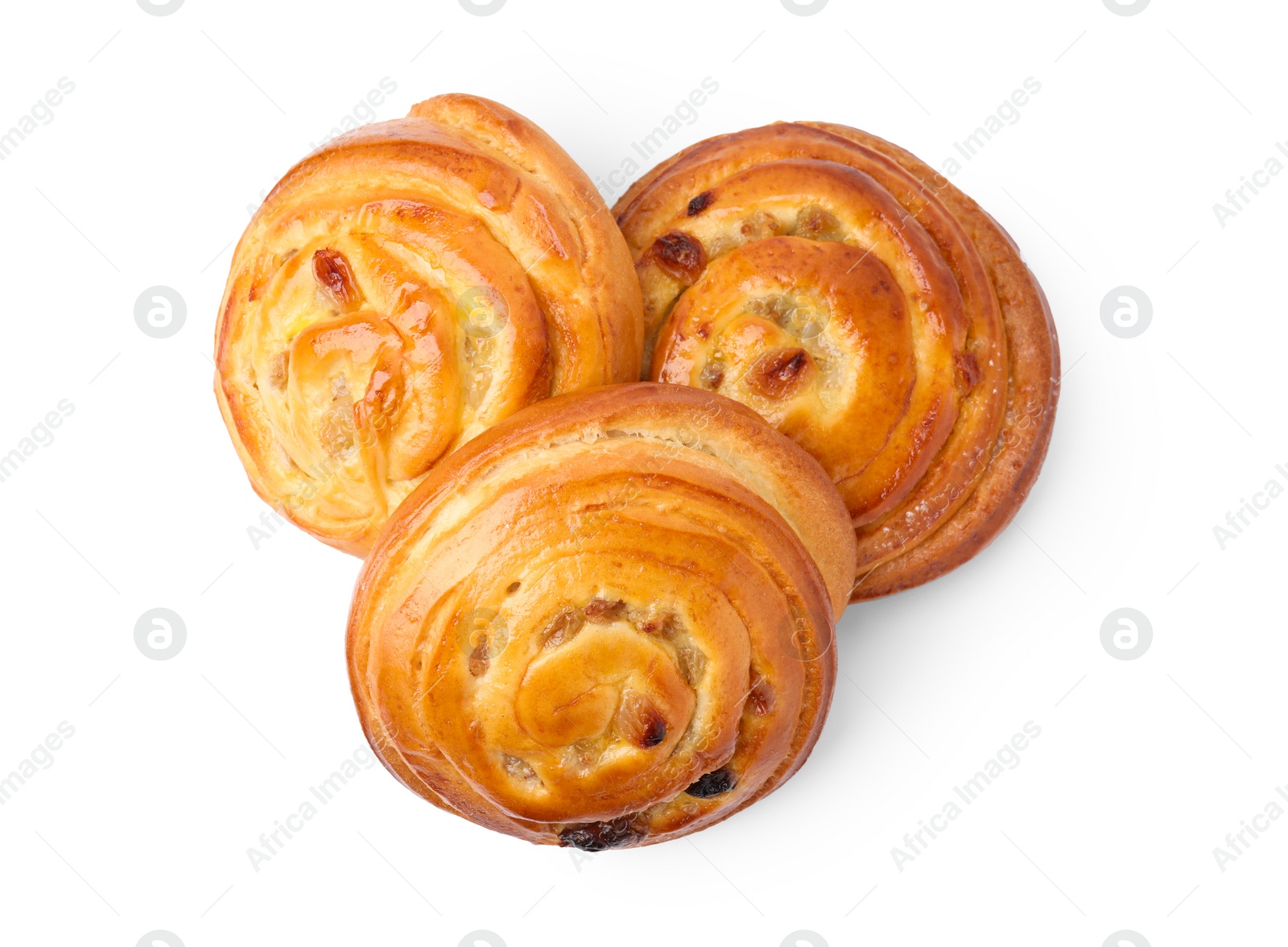 Photo of Delicious rolls with raisins isolated on white, top view. Sweet buns