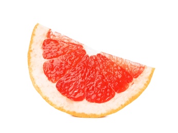 Photo of Slice of ripe juicy grapefruit on white background