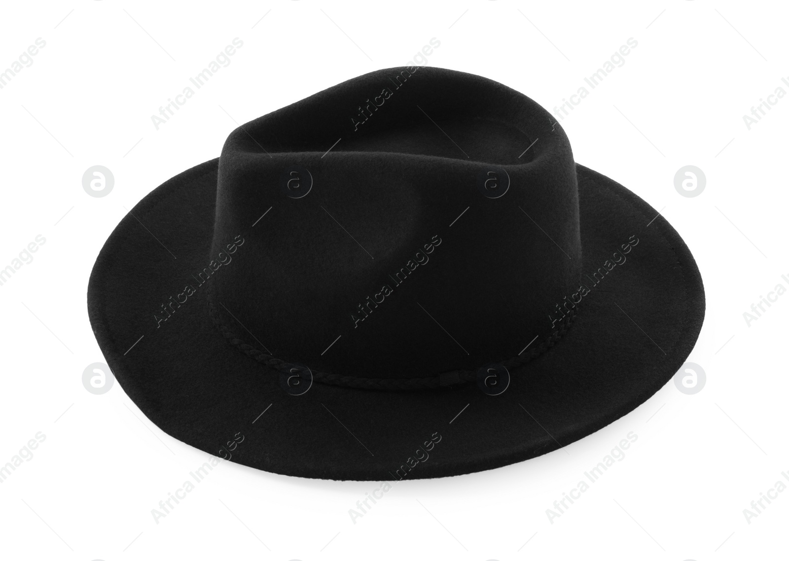 Photo of Stylish black hat isolated on white. Trendy headdress
