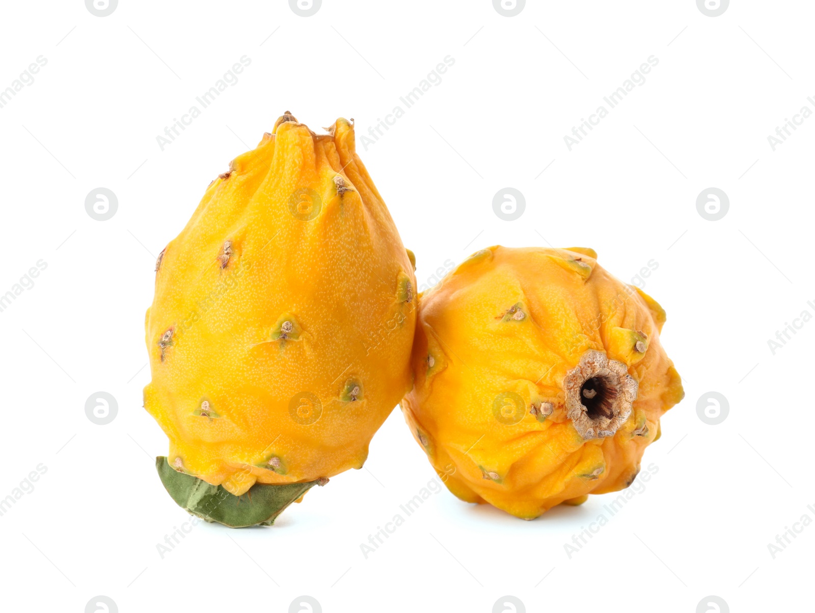 Photo of Delicious yellow dragon fruits (pitahaya) on white background