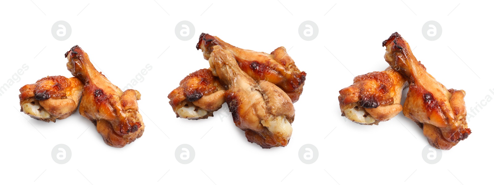 Image of Set with tasty roasted chicken wings on white background. Banner design