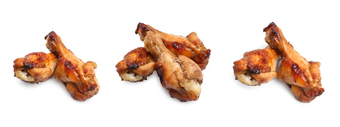 Image of Set with tasty roasted chicken wings on white background. Banner design