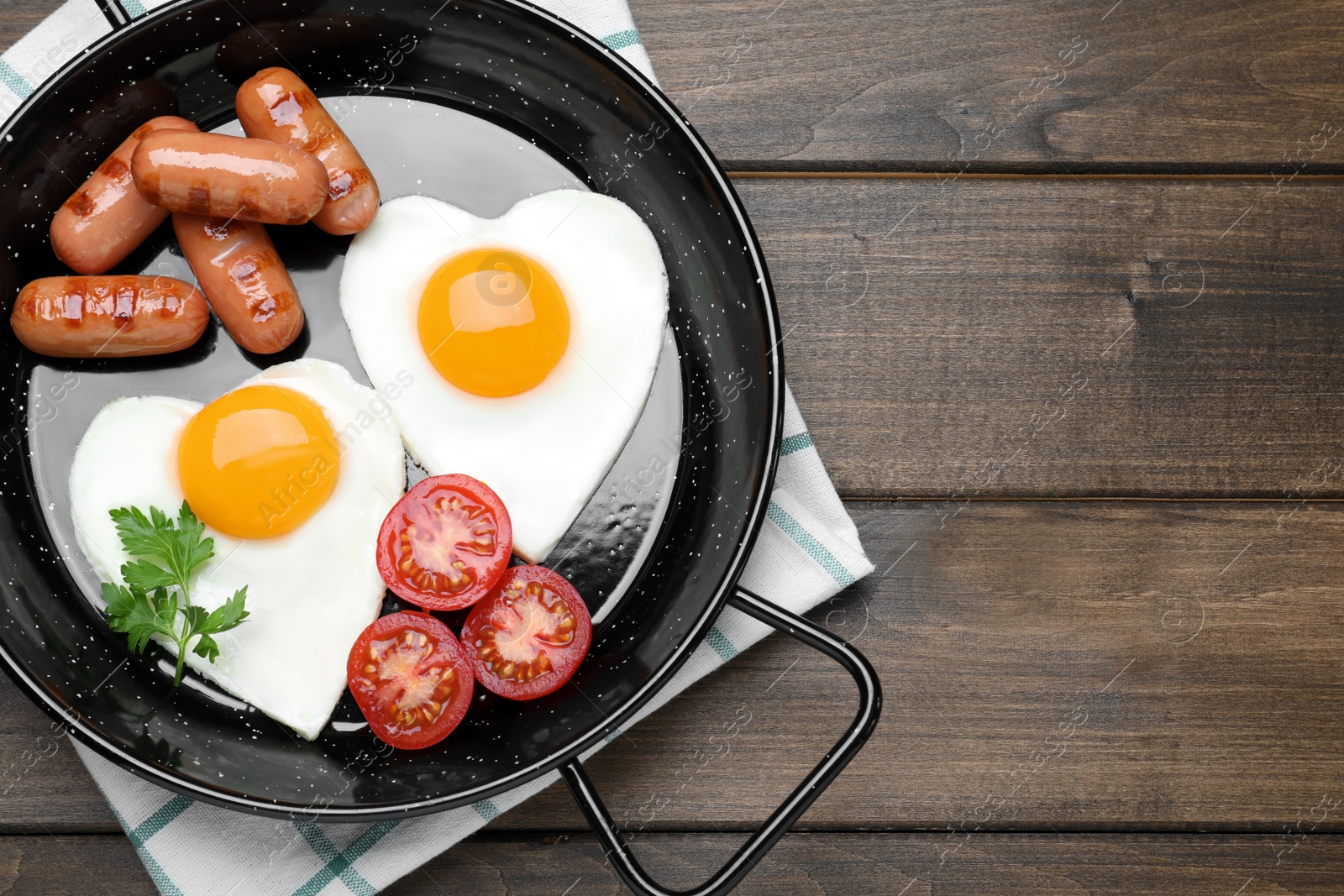 Photo of Romantic breakfast on wooden table, top view with space for text. Valentine's day celebration