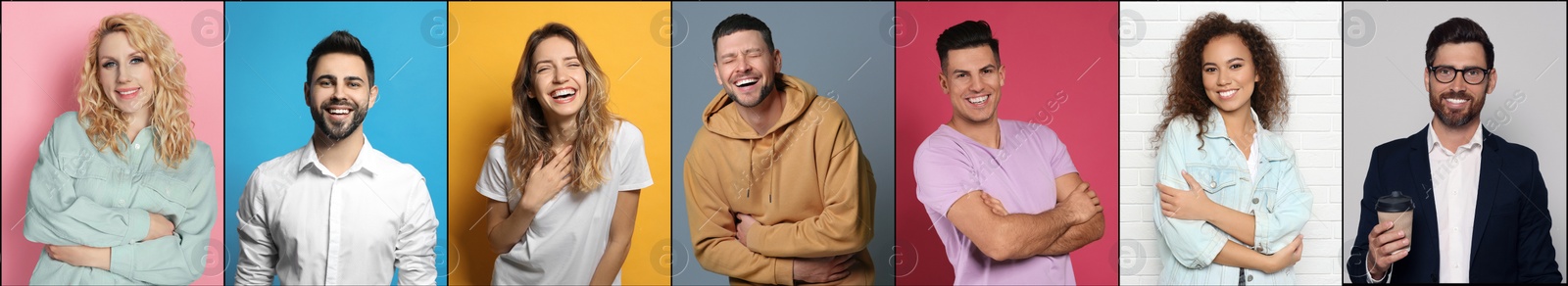 Image of Collage with portraits of happy people on different color backgrounds