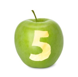Image of Green apple with carved number five as school grade on white background