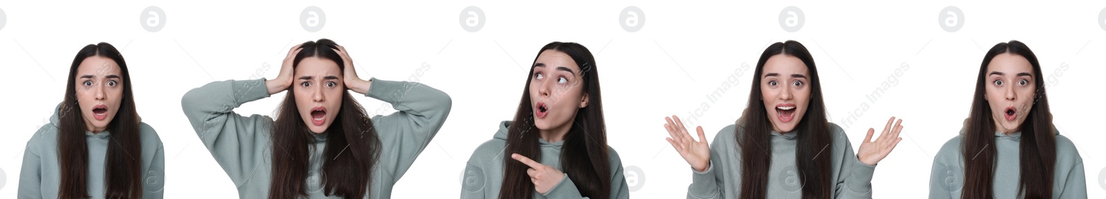 Image of Surprised woman on white background, collage of photos