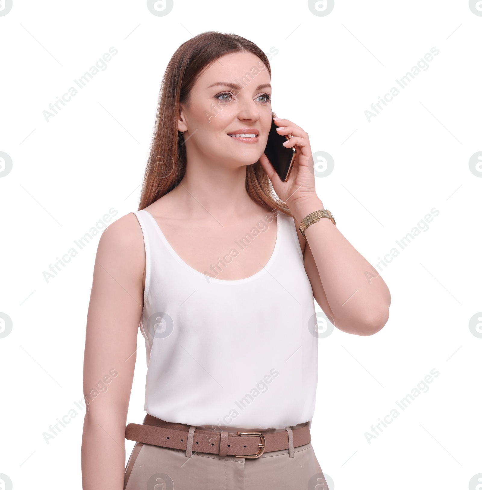 Photo of Beautiful businesswoman talking on smartphone against white background