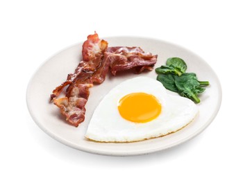 Photo of Romantic breakfast with fried bacon and heart shaped egg isolated on white. Valentine's day celebration