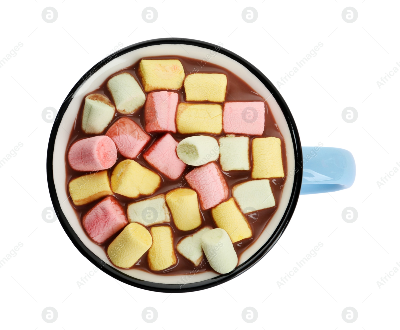 Photo of Cup of delicious hot chocolate with marshmallows isolated on white, top view