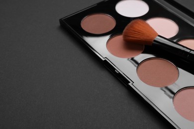 Contouring palette and brush on black background, closeup with space for text. Professional cosmetic product