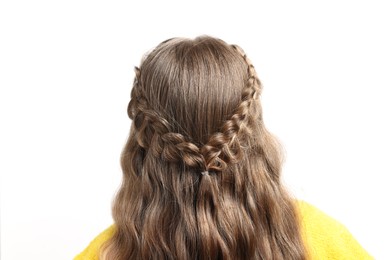 Little girl with braided hair on white background, back view