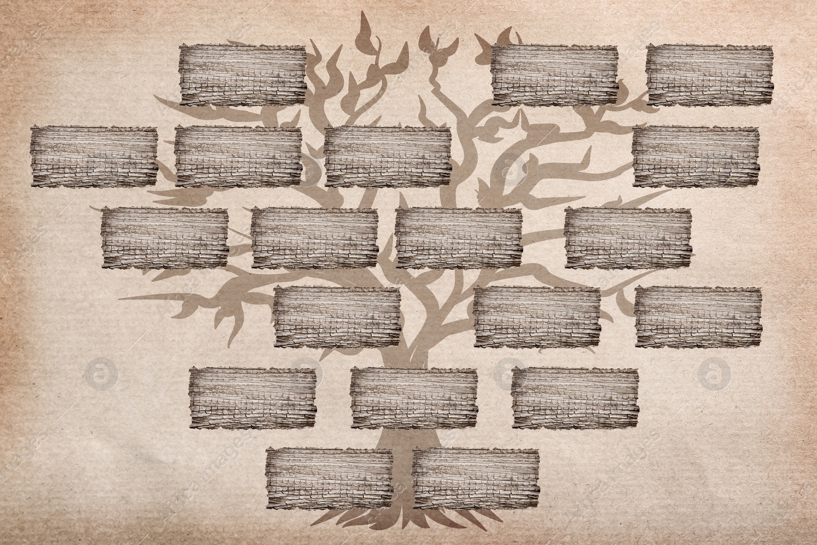 Illustration of Family tree with empty frames for photos in vintage style, illustration. Space for design