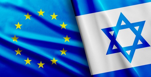 Image of International relations. Flags of Israel and European Union as background, banner design
