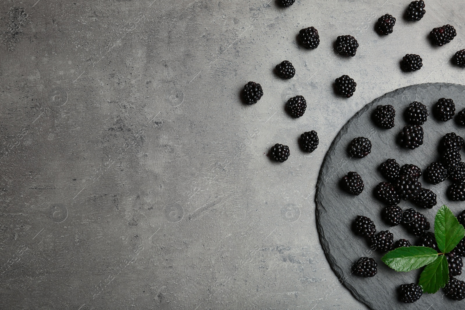 Photo of Flat lay composition with fresh blackberry and space for text on gray background