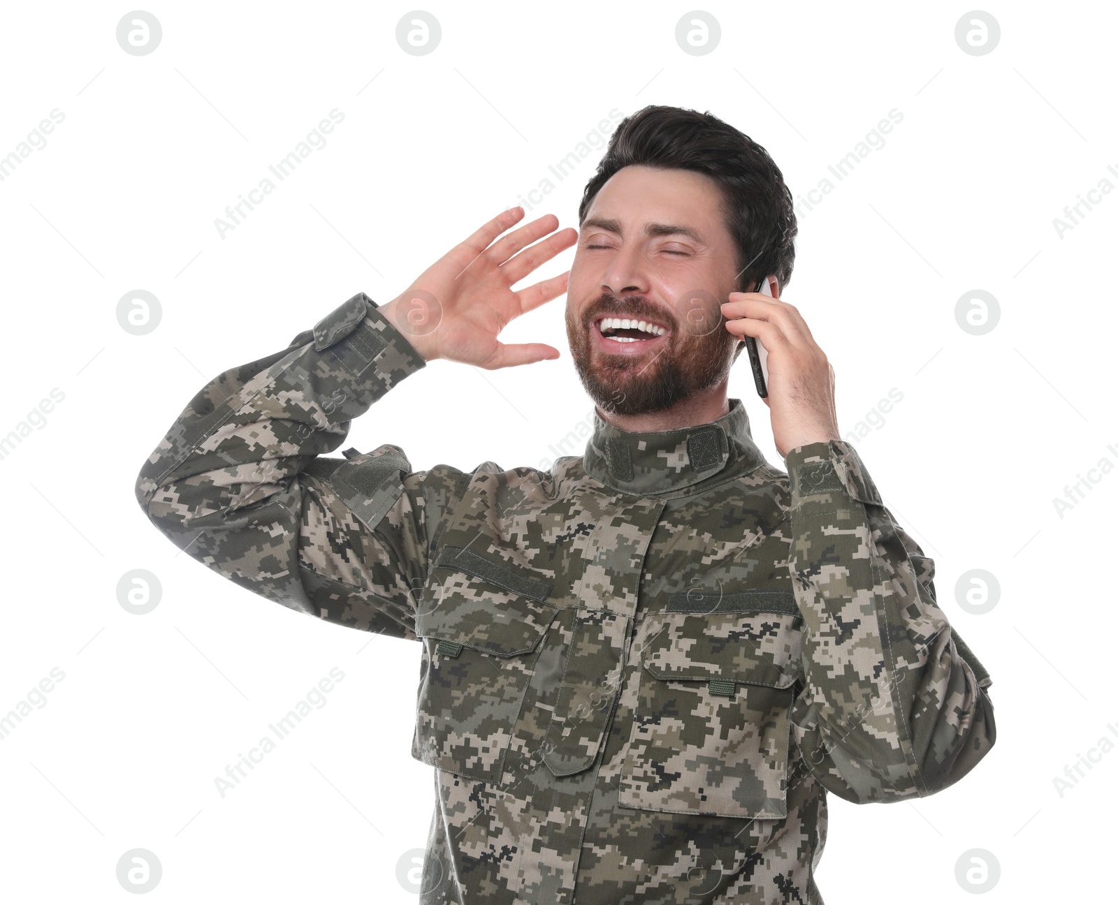 Photo of Happy soldier talking on phone against white background. Military service