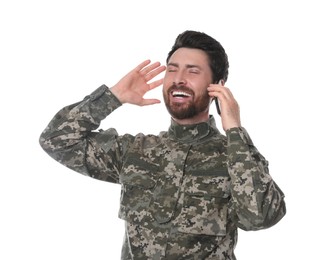 Happy soldier talking on phone against white background. Military service