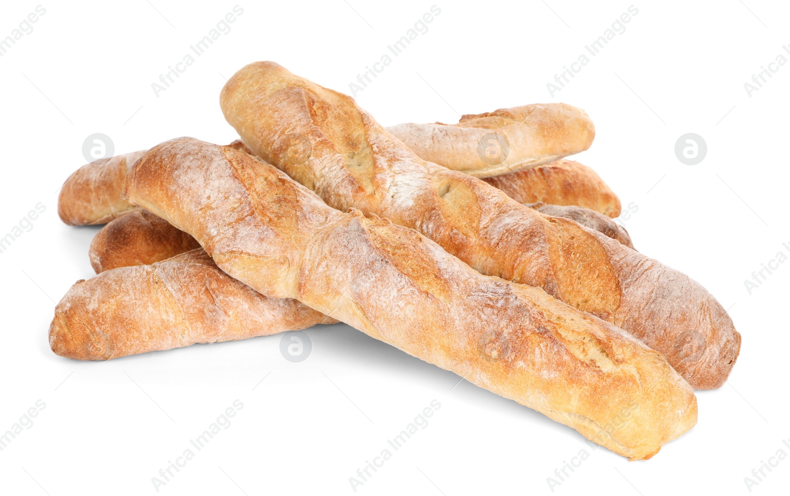 Photo of Crispy French baguettes on white background. Fresh bread