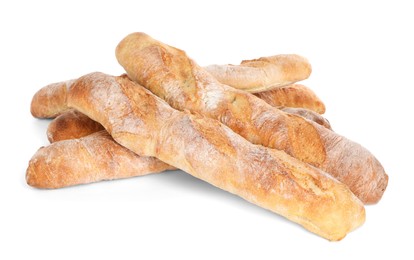 Photo of Crispy French baguettes on white background. Fresh bread