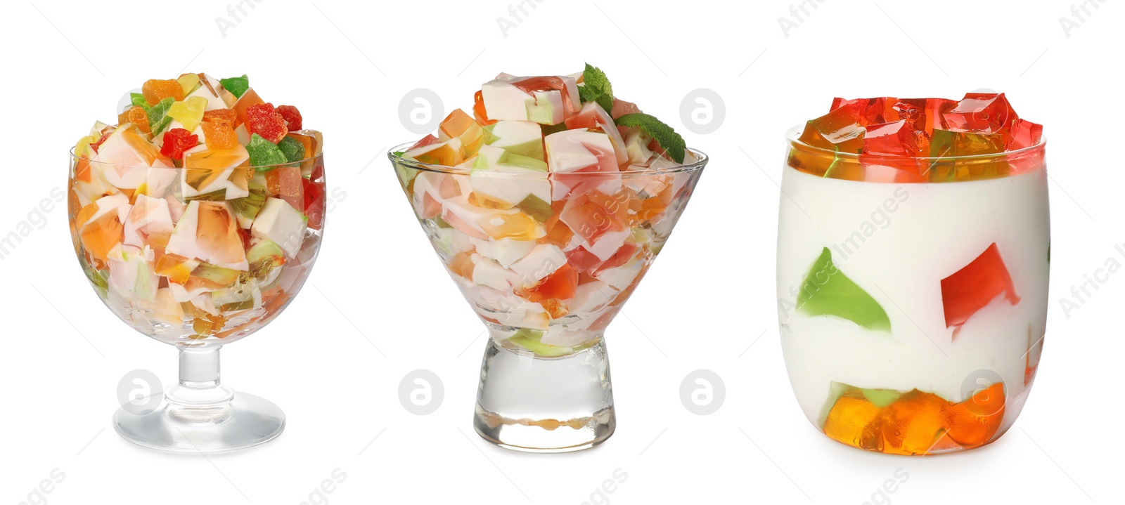 Image of Delicious broken glass jelly dessert on white background, collage. Banner design