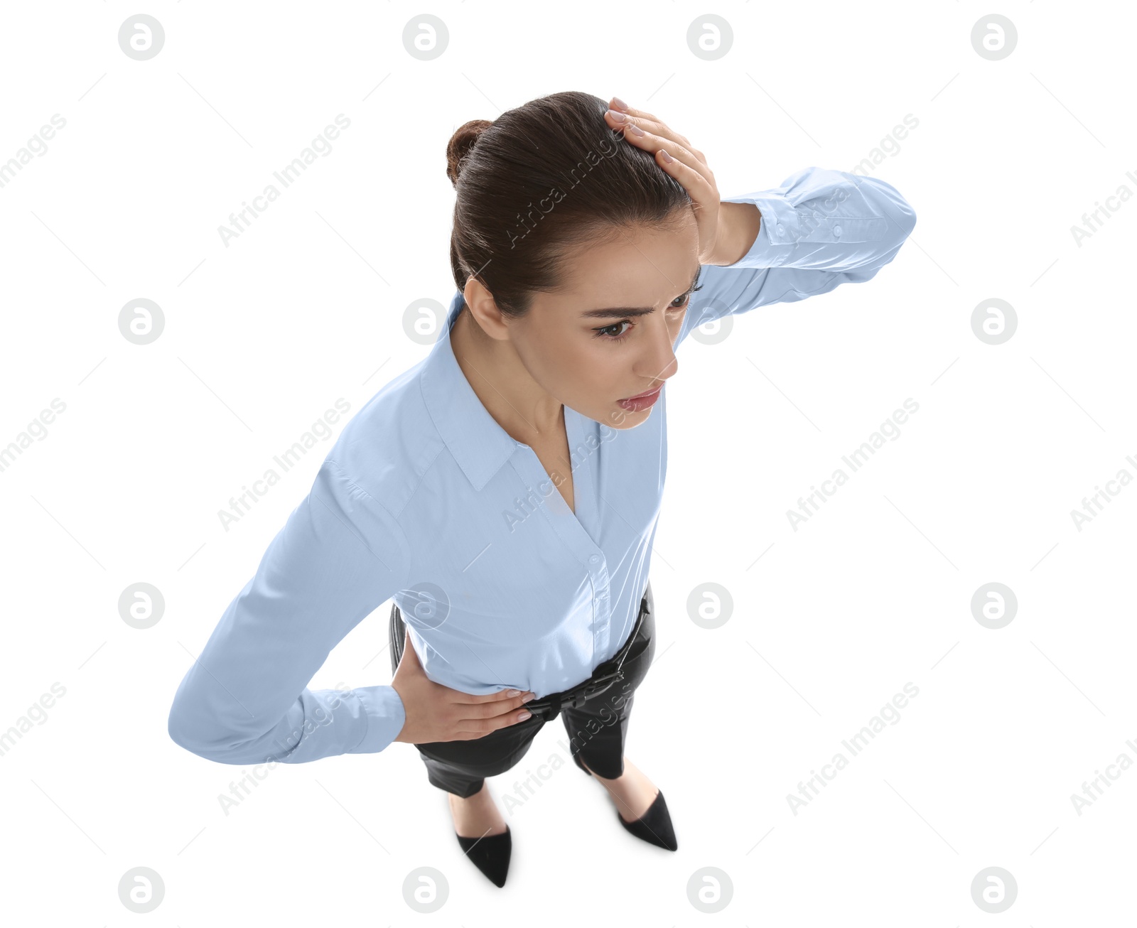 Photo of Young stressed businesswoman in elegant suit on white background, above view