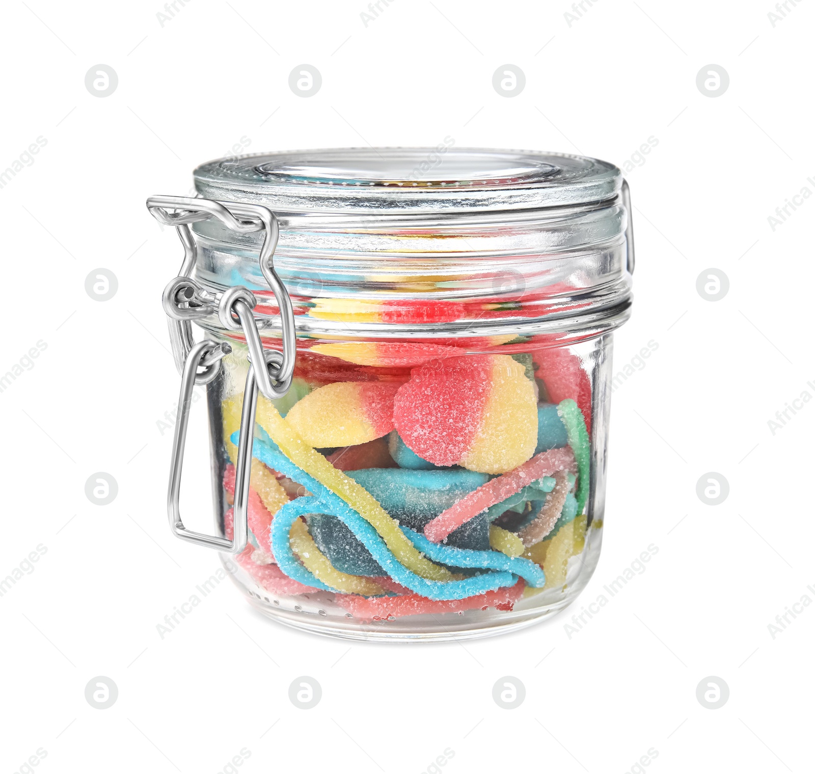 Photo of Tasty jelly candies in jar on white background