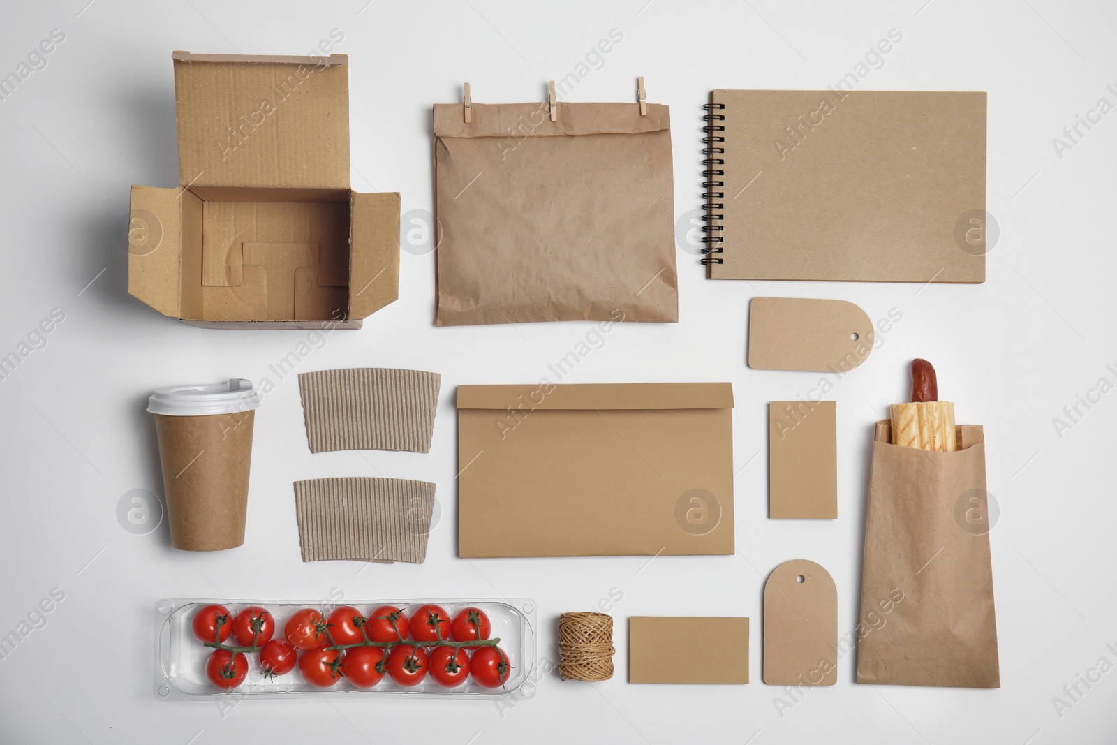 Photo of Flat lay composition with items for mock up design on light background. Food delivery service