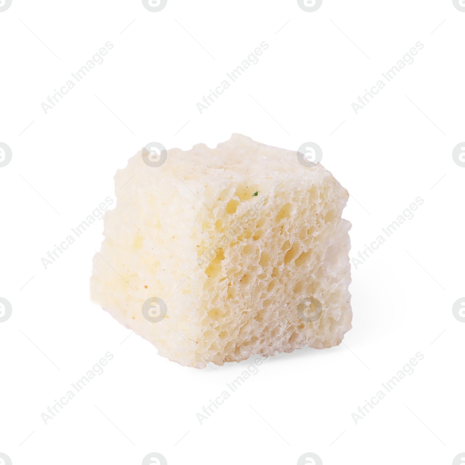 Photo of Crispy crouton isolated on white. Tasty snack