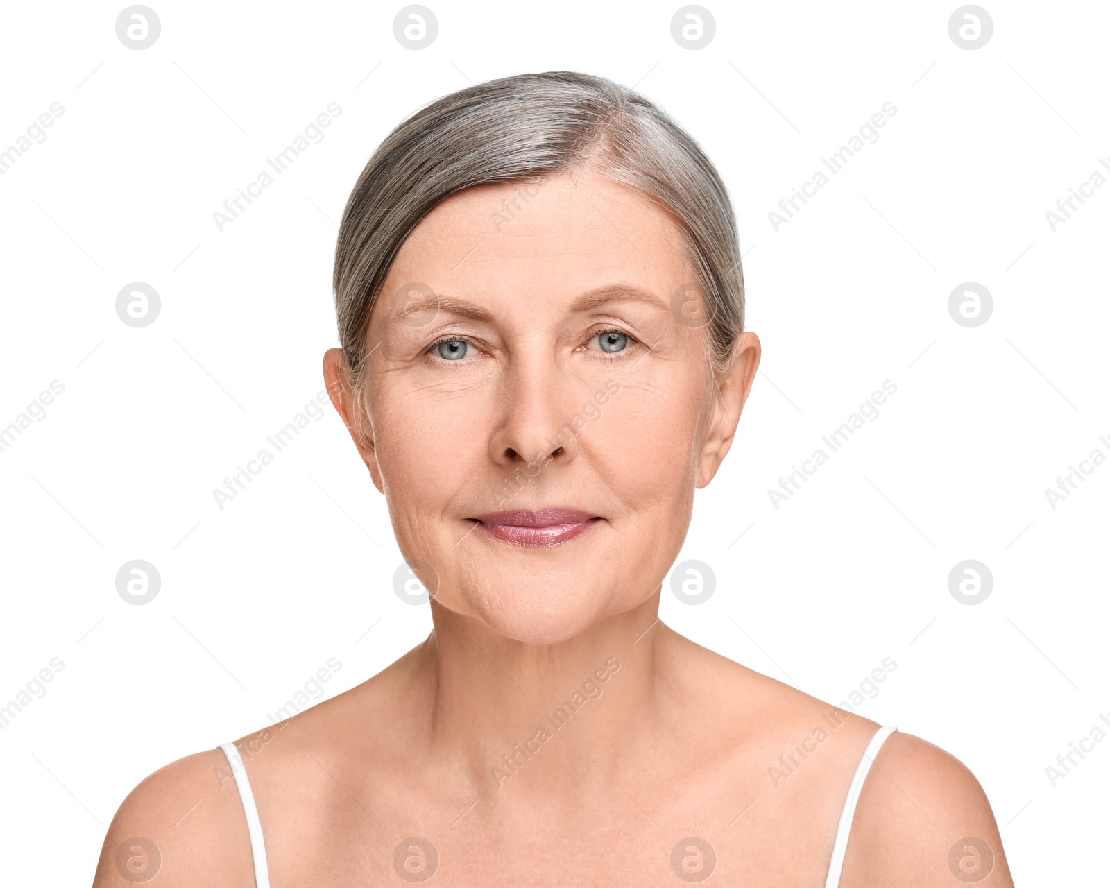 Photo of Portrait of senior woman with aging skin on white background. Rejuvenation treatment