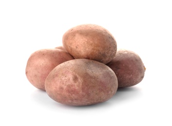 Photo of Fresh ripe organic potatoes on white background