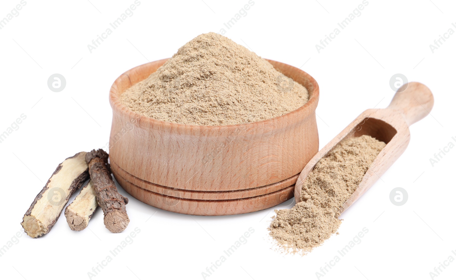 Photo of Dried sticks of liquorice root and powder on white background