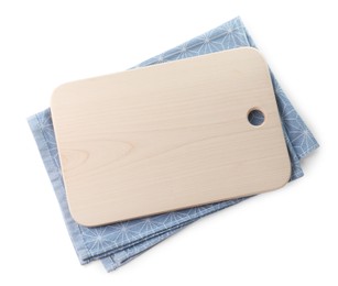 Photo of Wooden cutting board and kitchen towel isolated on white, top view