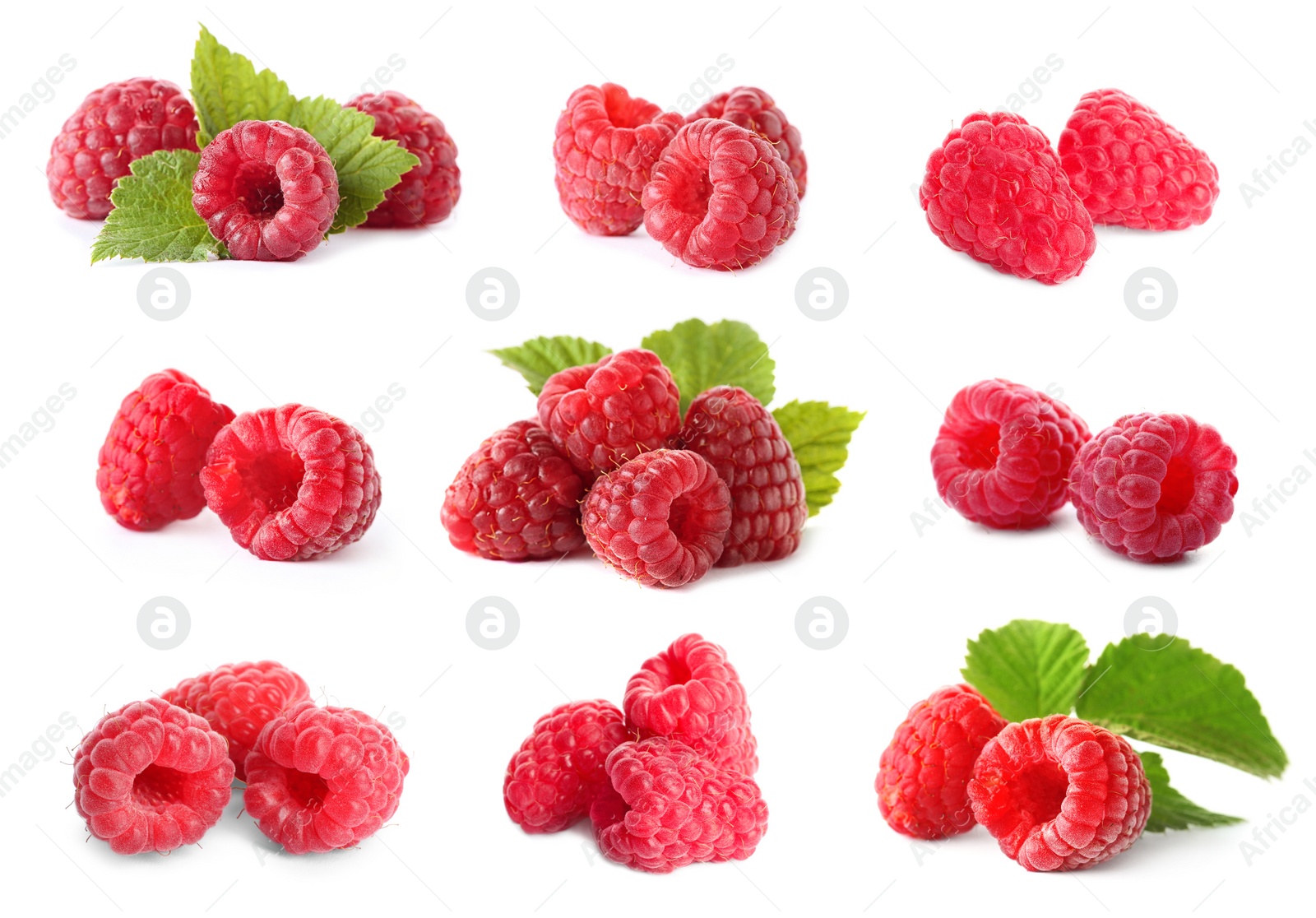 Image of Set of fresh ripe raspberries with green leaves on white background