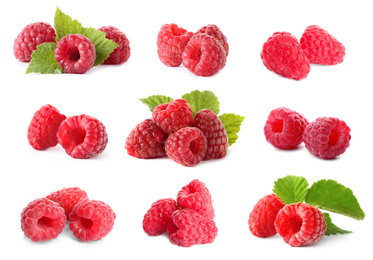 Image of Set of fresh ripe raspberries with green leaves on white background