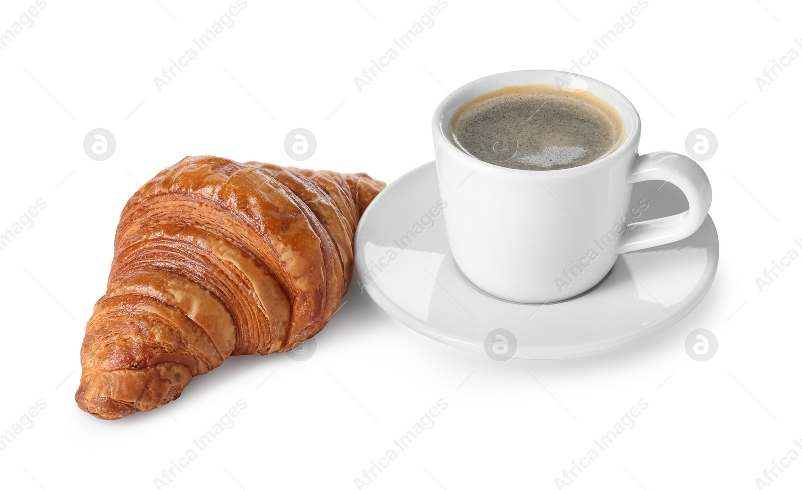 Photo of Delicious fresh croissant and cup of coffee isolated on white