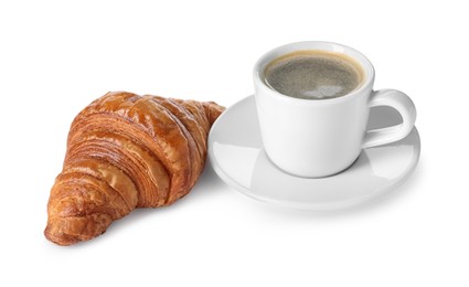 Photo of Delicious fresh croissant and cup of coffee isolated on white