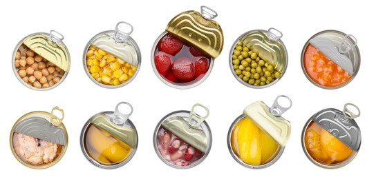 Image of Set of metal cans with different food on white background, top view