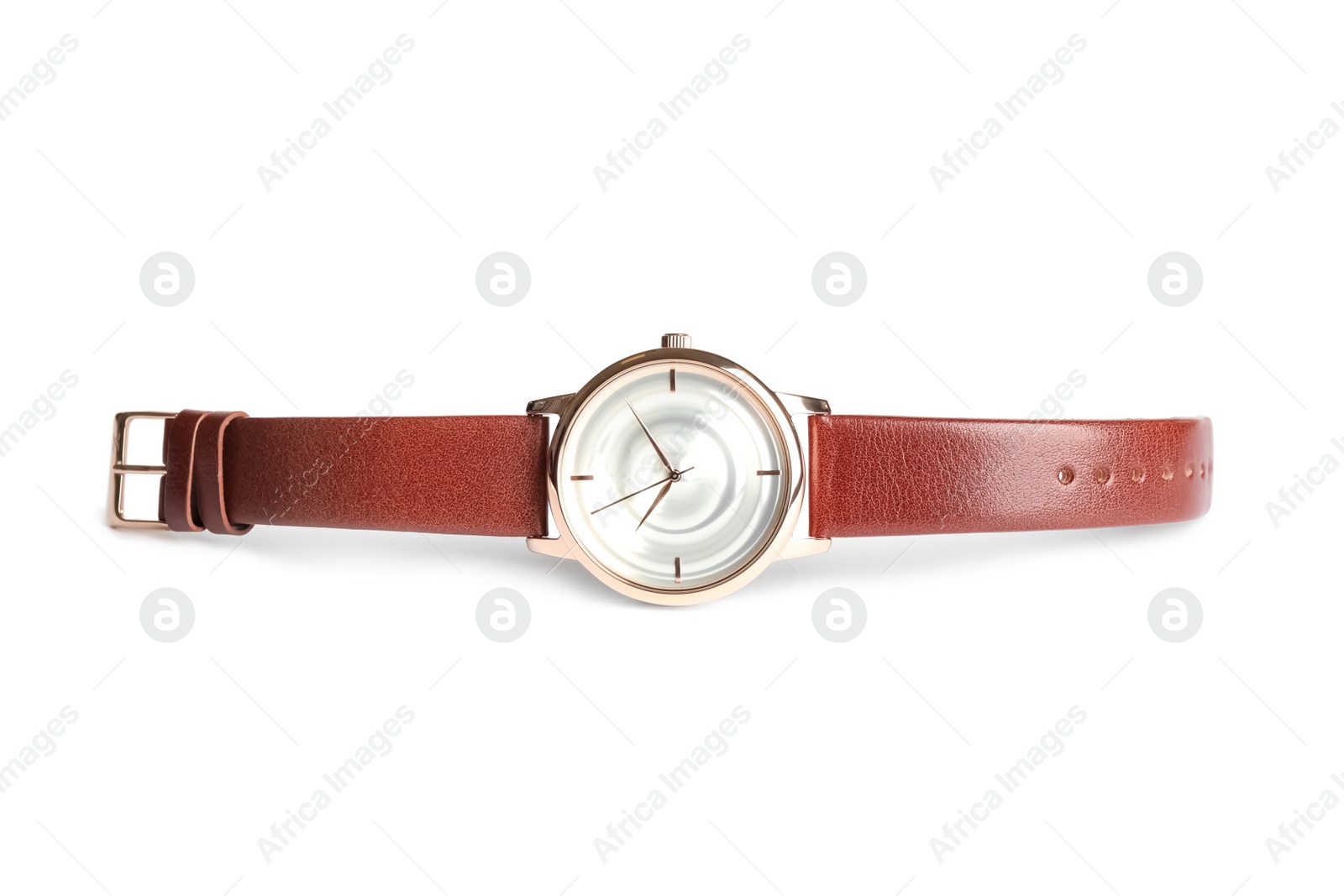 Photo of Golden luxury watch with brown leather band isolated on white