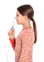 Photo of Cute girl using nebulizer for inhalation on white background
