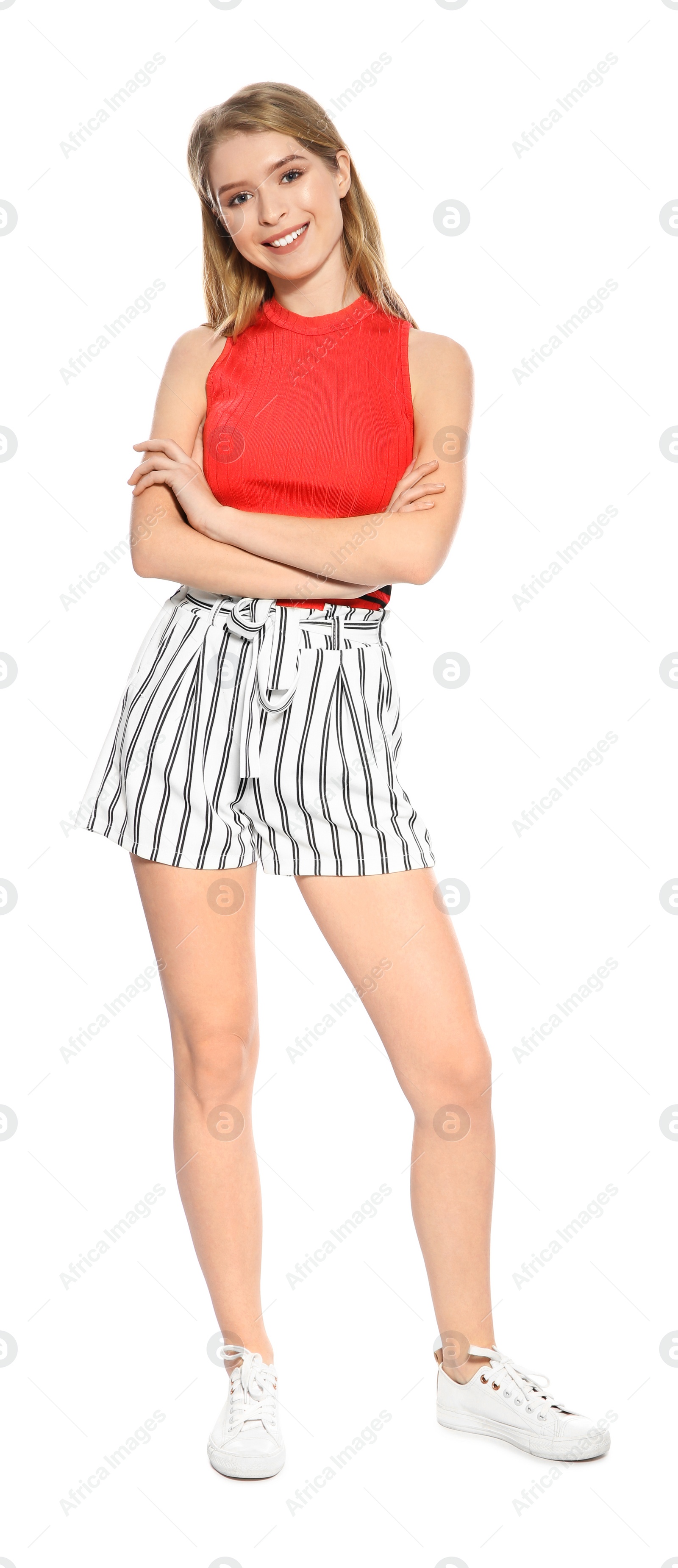 Photo of Portrait of beautiful young woman on white background