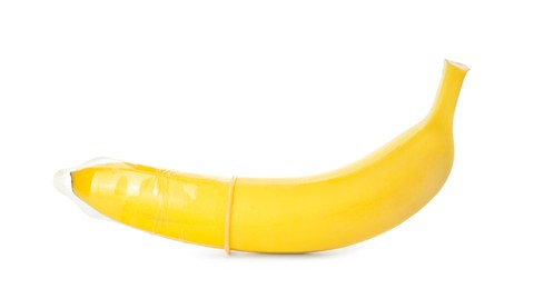 Banana with condom isolated on white. Safe sex concept