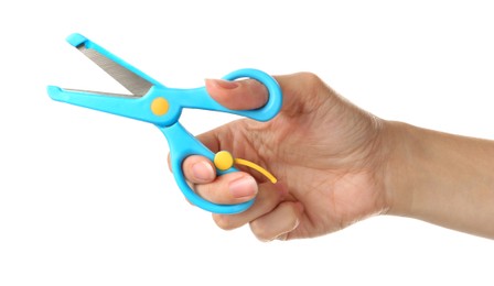 Photo of Woman holding small scissors isolated on white, closeup