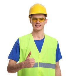 Young man wearing safety equipment and showing thumbs up on white background