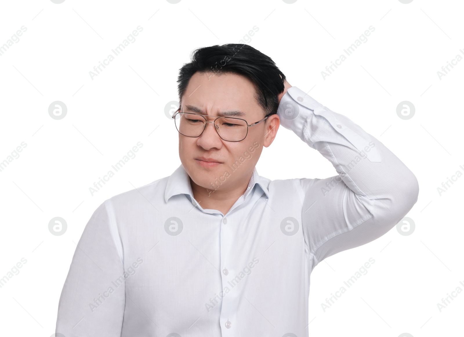 Photo of Confused businessman in formal clothes wearing glasses on white background