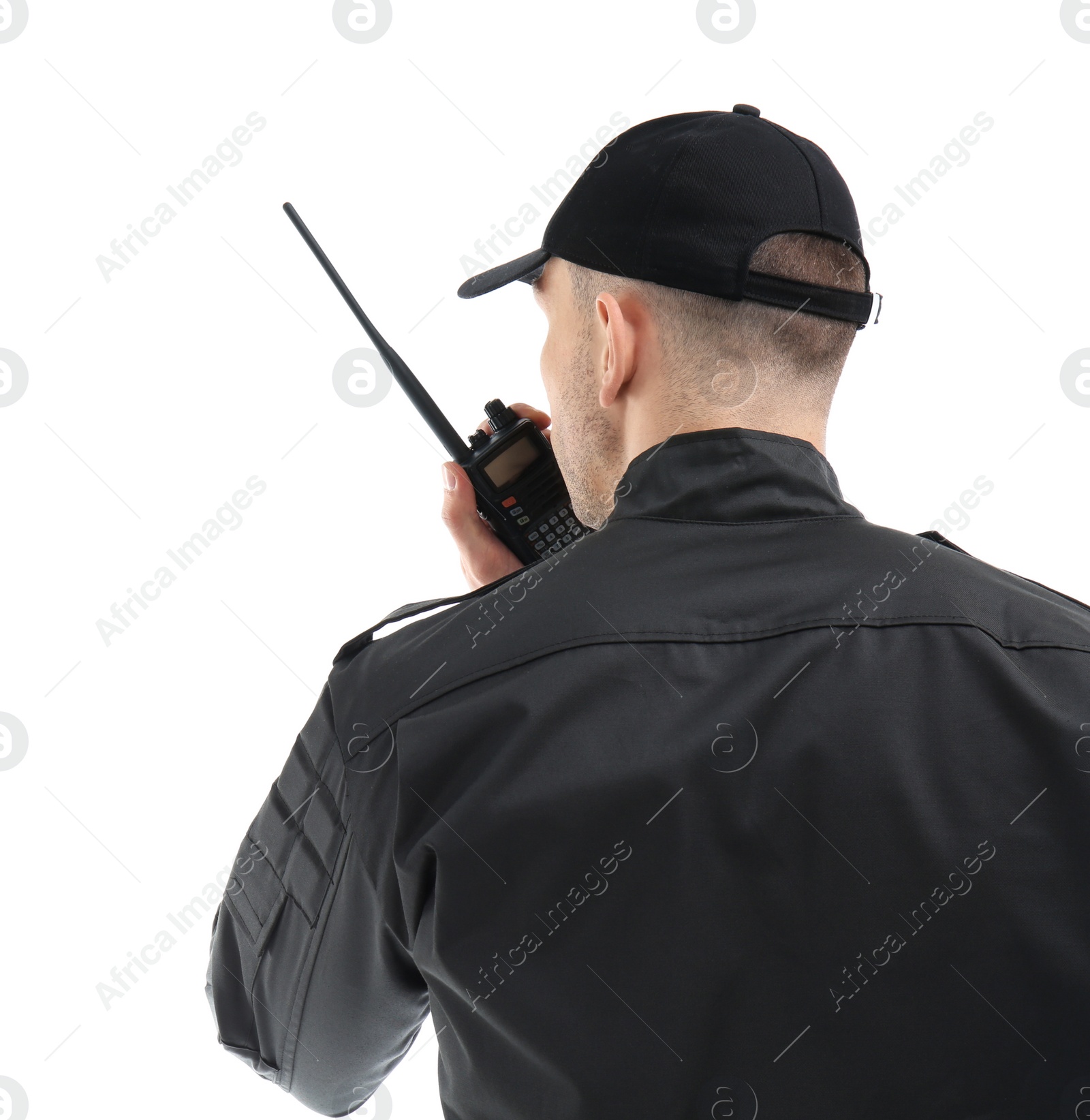 Photo of Male security guard using portable radio transmitter on white background